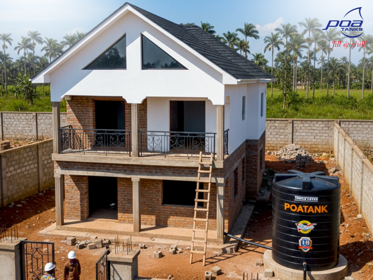 Large plastic water tank installed at home in Kenya